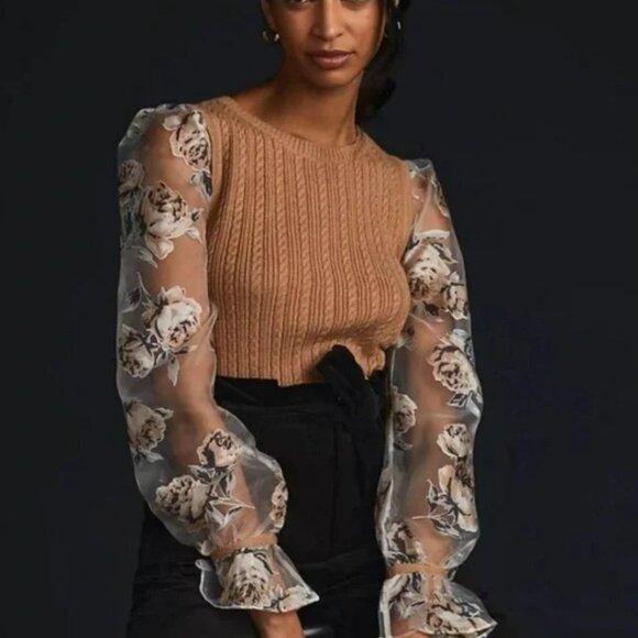 Anthropologie Maeve Women's Beige Knit Sweater with Sheer Floral Sleeves Medium - Picture 9 of 9